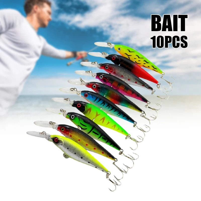 10 PCS Fake Fish Lure Set Wobbler Baits with Built-in Bell Hard Fishing Supplies for Bass Trout Salmon Artificial Bionic Lures