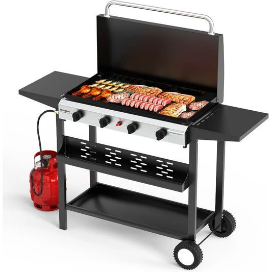 4 Burner Portable Propane Griddle with Enameled Tray Lid 40000 BTU Rolling Flat Top Gas Grill with Electronic Ignition Side She