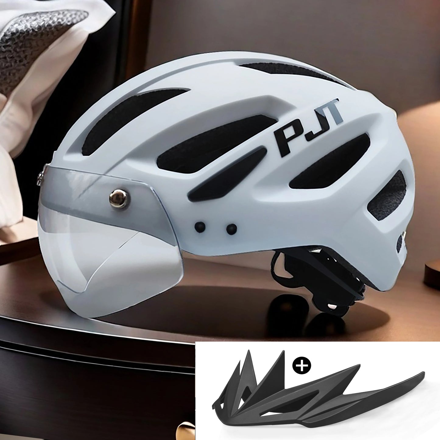 PJT New LED Bike Helmet With Sun Goggle Visor Rechargeable LED Men Bicycle Helmet Sunglasses Shield Road MTB Cycling Helmets
