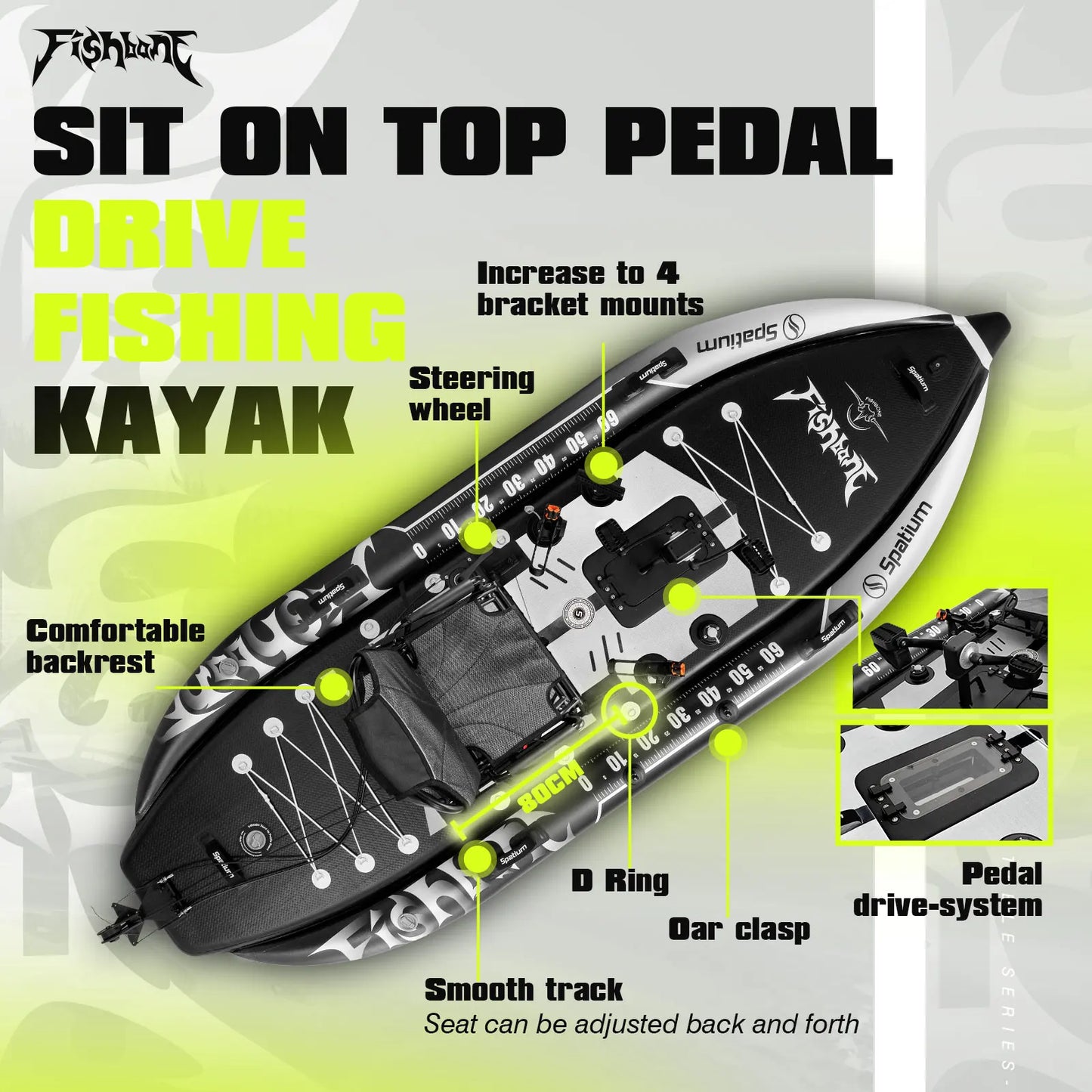 Spatium Fishing Kayak Boat Pedal Drive Sit on Top Pedal Drive Kayak Power System Orientation System, 11'*48"*6",Capacity 660LBS