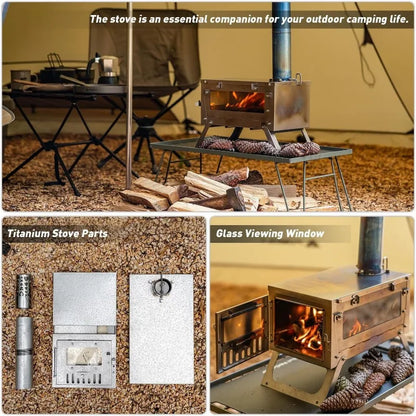 430 Stainless Steel Portable Tent Stove Foldable with Side Glass Chimney Burner Camping Wood Stove Heating Cooking Grill