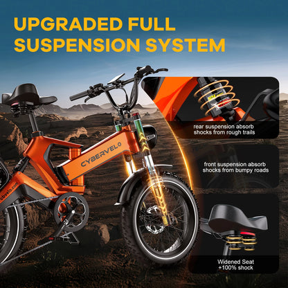 Cybervelo EK6 20” Fat Tire 2000W Peak Motor Luxury Foldable ebike,48V Removable Battery E Bicycle, 35+ MPH 100+Miles Long Range
