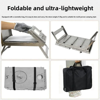 430 Stainless Steel Portable Tent Stove Foldable with Side Glass Chimney Burner Camping Wood Stove Heating Cooking Grill