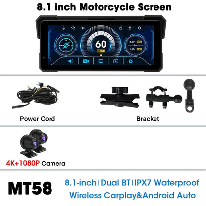 Jansite 8.1 Inch 4K Motorcycle CarPlay Screen 4K Dash Cam Wireless Android Auto Bluetooth GPS Navigation IPX7 Waterproof Display