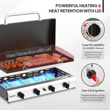 4 Burner Portable Propane Griddle with Enameled Tray Lid 40000 BTU Rolling Flat Top Gas Grill with Electronic Ignition Side She