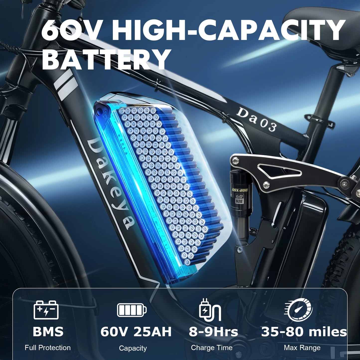 Da03 Electric Bike for Adults, 6000W Dual Motor, 60V25AH Battery, 45MPH, 26 x 4" Off-Road Mountain E-Bike Dual Shock Absorbers