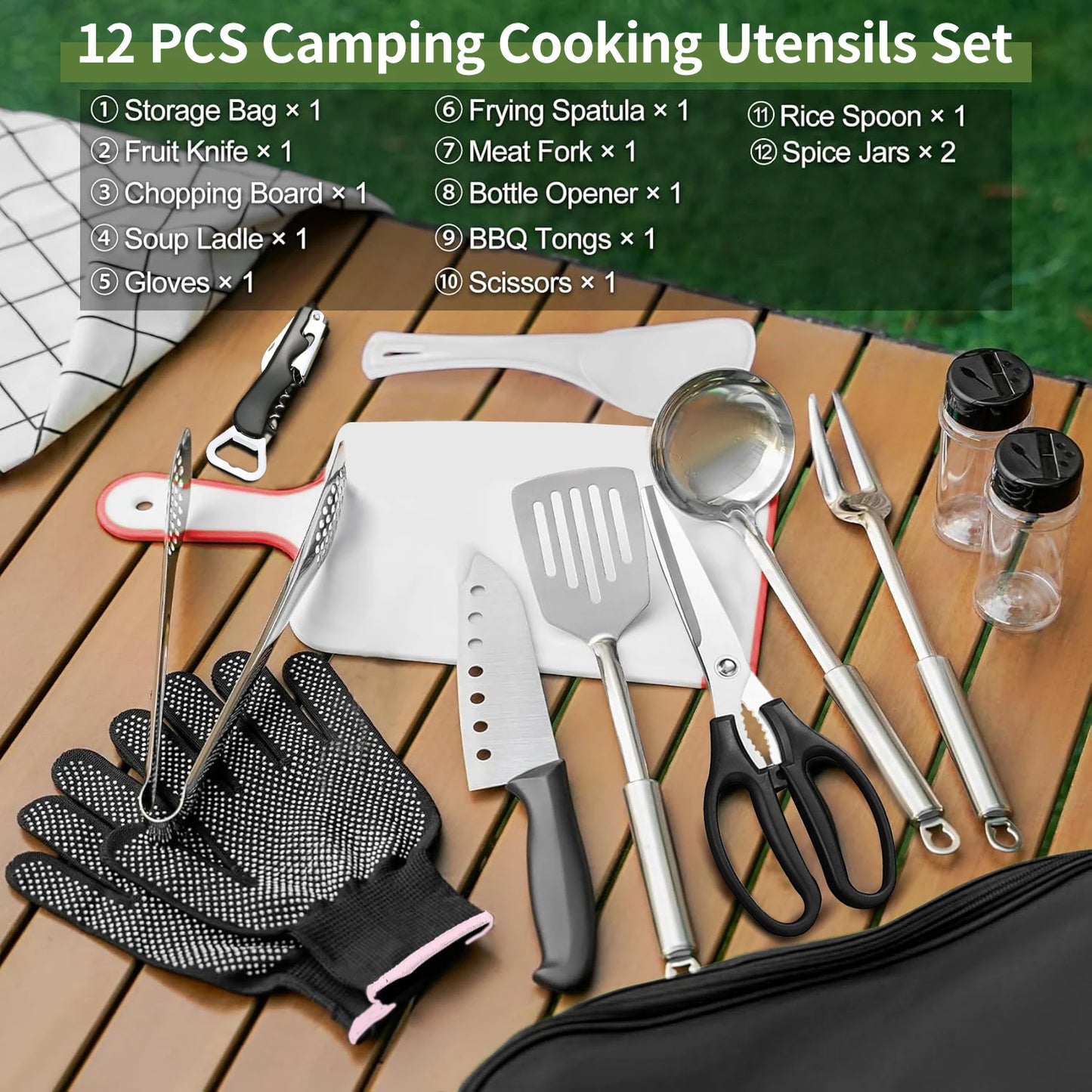 12Pcs Camp Cooking Utensil Set & Outdoor Kitchen Gear Cookware Kit, Portable Compact Carry Case for Camping, Hiking, Travel, BBQ