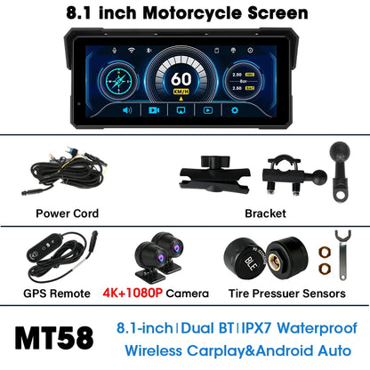 Jansite 8.1 Inch 4K Motorcycle CarPlay Screen 4K Dash Cam Wireless Android Auto Bluetooth GPS Navigation IPX7 Waterproof Display
