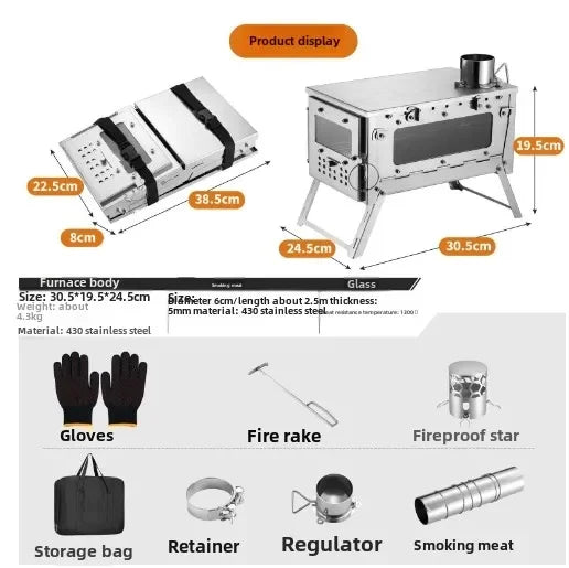 430 Stainless Steel Portable Tent Stove Foldable with Side Glass Chimney Burner Camping Wood Stove Heating Cooking Grill