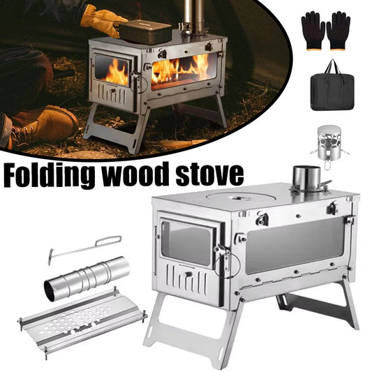 430 Stainless Steel Portable Tent Stove Foldable with Side Glass Chimney Burner Camping Wood Stove Heating Cooking Grill