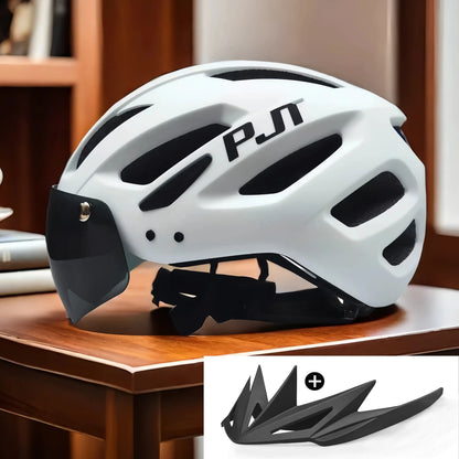 PJT New LED Bike Helmet With Sun Goggle Visor Rechargeable LED Men Bicycle Helmet Sunglasses Shield Road MTB Cycling Helmets