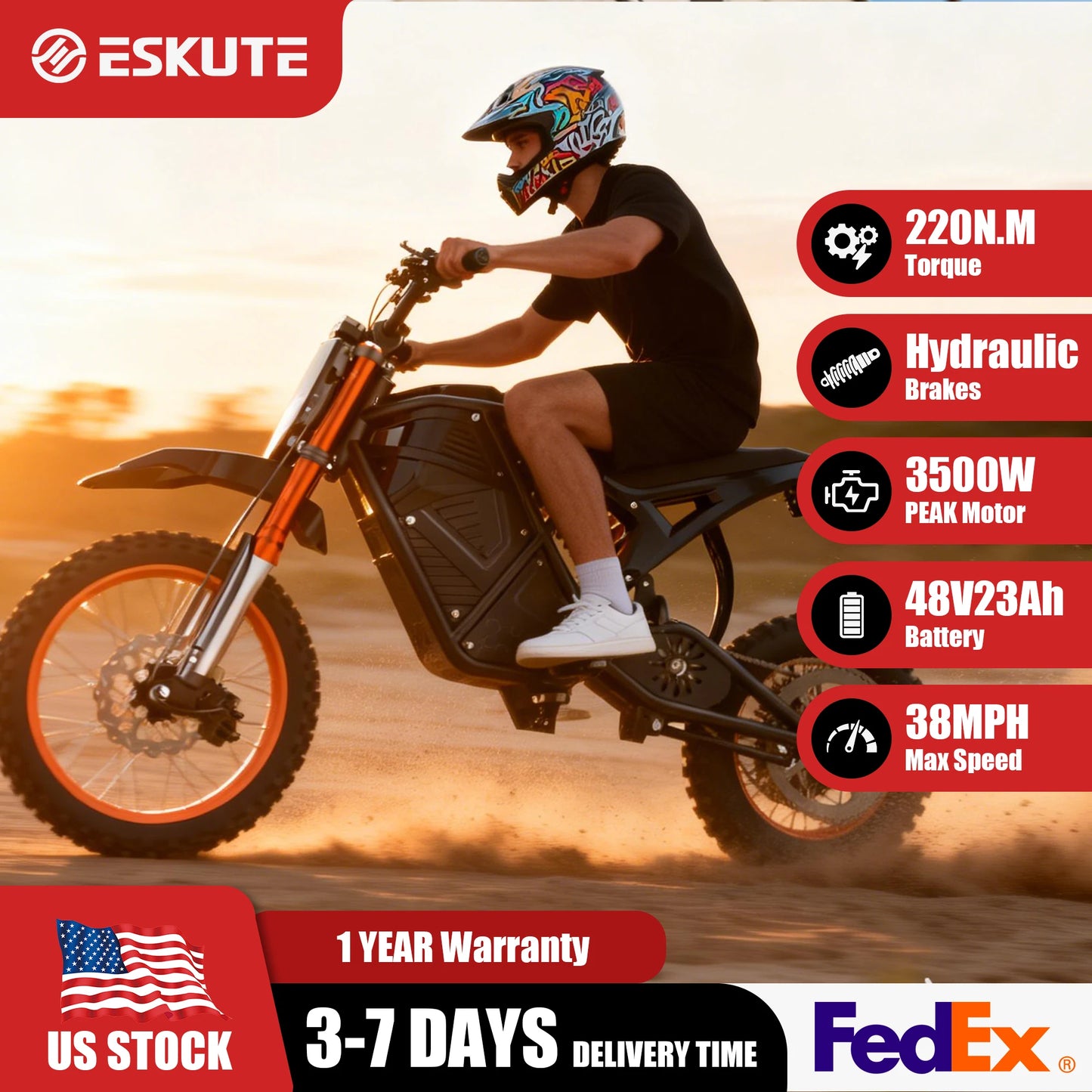 Eskute Electric Mini Dirt Bike for Teens & Adults, 14"/12" Fat Tire 3500W Electric Motorcycle, 48V23AH Battery Ebike 38MPH