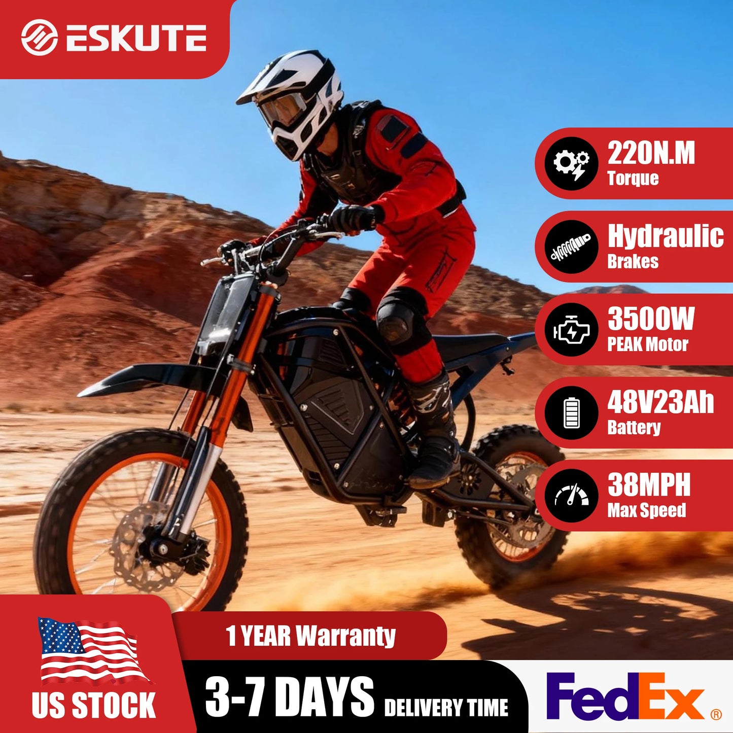 Eskute Electric Mini Dirt Bike for Teens & Adults, 14"/12" Fat Tire 3500W Electric Motorcycle, 48V23AH Battery Ebike 38MPH