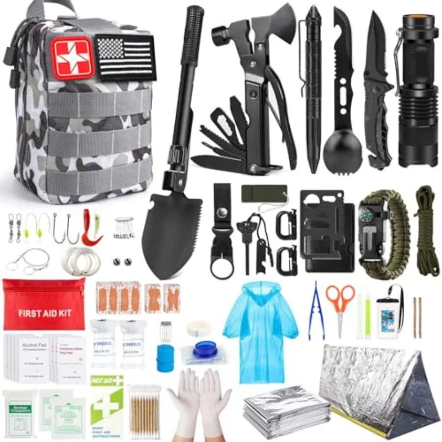 Survival Kit, 251 Pcs Survival Gear First Aid Kit with Molle System Compatible Bag and Emergency Tent, Emergency Kit for Earthq