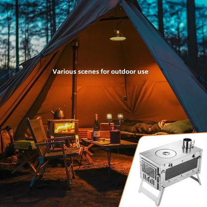 430 Stainless Steel Portable Tent Stove Foldable with Side Glass Chimney Burner Camping Wood Stove Heating Cooking Grill