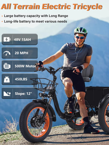 48V500WElectric Tricycle for Adults Brushless Motor Folding Trike Ebike Folding E-Tricycle with Large Basket and Lithium Battery