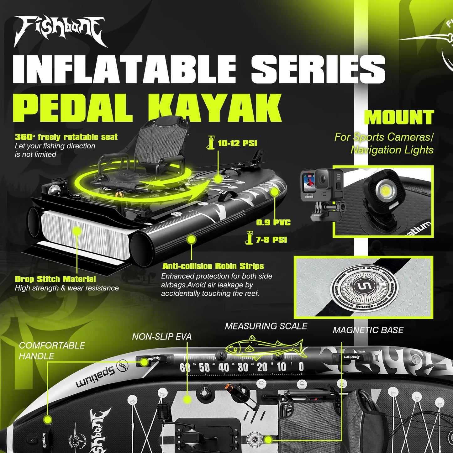 Spatium Fishing Kayak Boat Pedal Drive Sit on Top Pedal Drive Kayak Power System Orientation System, 11'*48"*6",Capacity 660LBS
