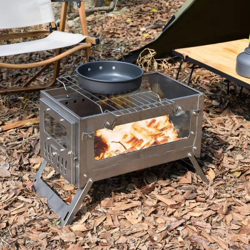 430 Stainless Steel Portable Tent Stove Foldable with Side Glass Chimney Burner Camping Wood Stove Heating Cooking Grill