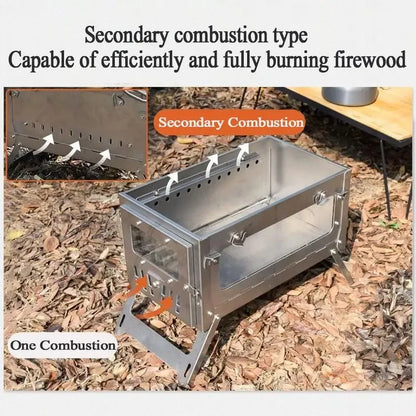 430 Stainless Steel Portable Tent Stove Foldable with Side Glass Chimney Burner Camping Wood Stove Heating Cooking Grill