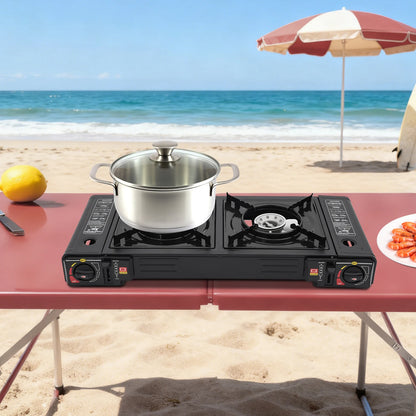 2 Burners Portable Camping Stove, 2.5KW Auto Ignition Butane/LPG Gas Stove w/Baking Tray+Carrying Case for RV Outdoor Picnic BBQ
