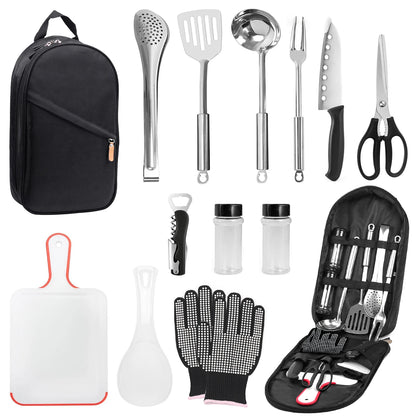 12Pcs Camp Cooking Utensil Set & Outdoor Kitchen Gear Cookware Kit, Portable Compact Carry Case for Camping, Hiking, Travel, BBQ