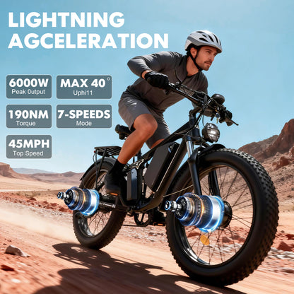 Da03 Electric Bike for Adults, 6000W Dual Motor, 60V25AH Battery, 45MPH, 26 x 4" Off-Road Mountain E-Bike Dual Shock Absorbers