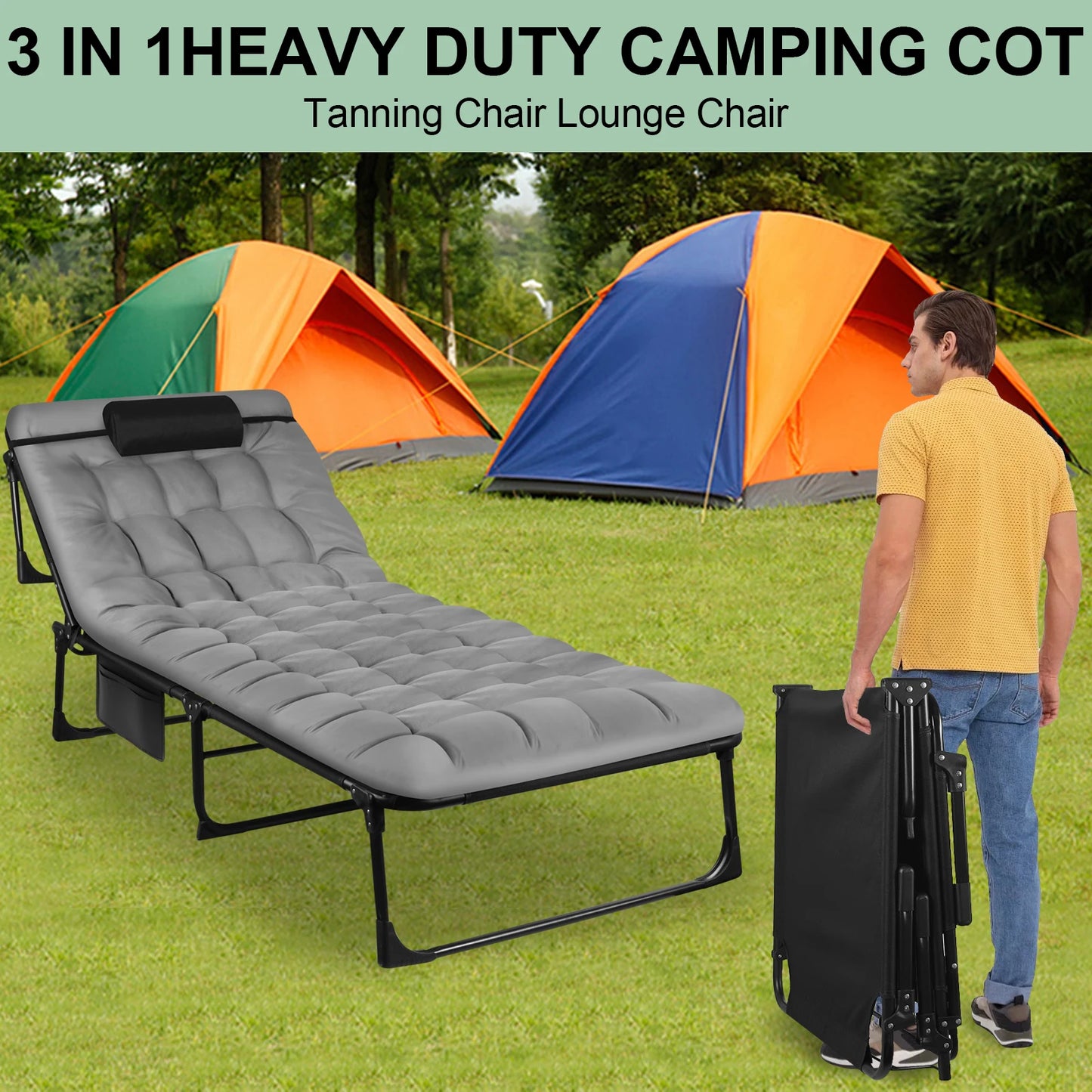 Portable Folding Camping Cot - 3-Position Adjustable Reclining Lounge Chair with Pillow, Outdoor Sleeping Bed (68cm Wide)