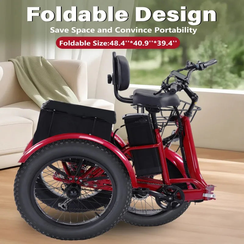 48V500WElectric Tricycle for Adults Brushless Motor Folding Trike Ebike Folding E-Tricycle with Large Basket and Lithium Battery