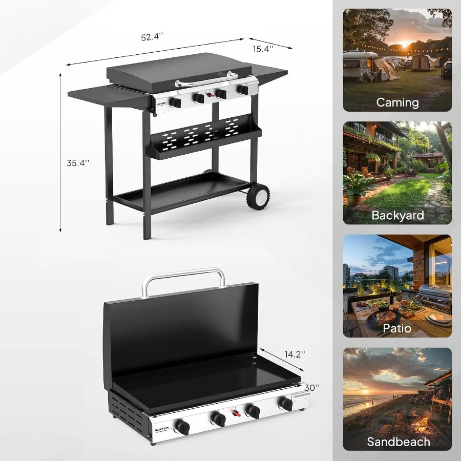 4 Burner Portable Propane Griddle with Enameled Tray Lid 40000 BTU Rolling Flat Top Gas Grill with Electronic Ignition Side She