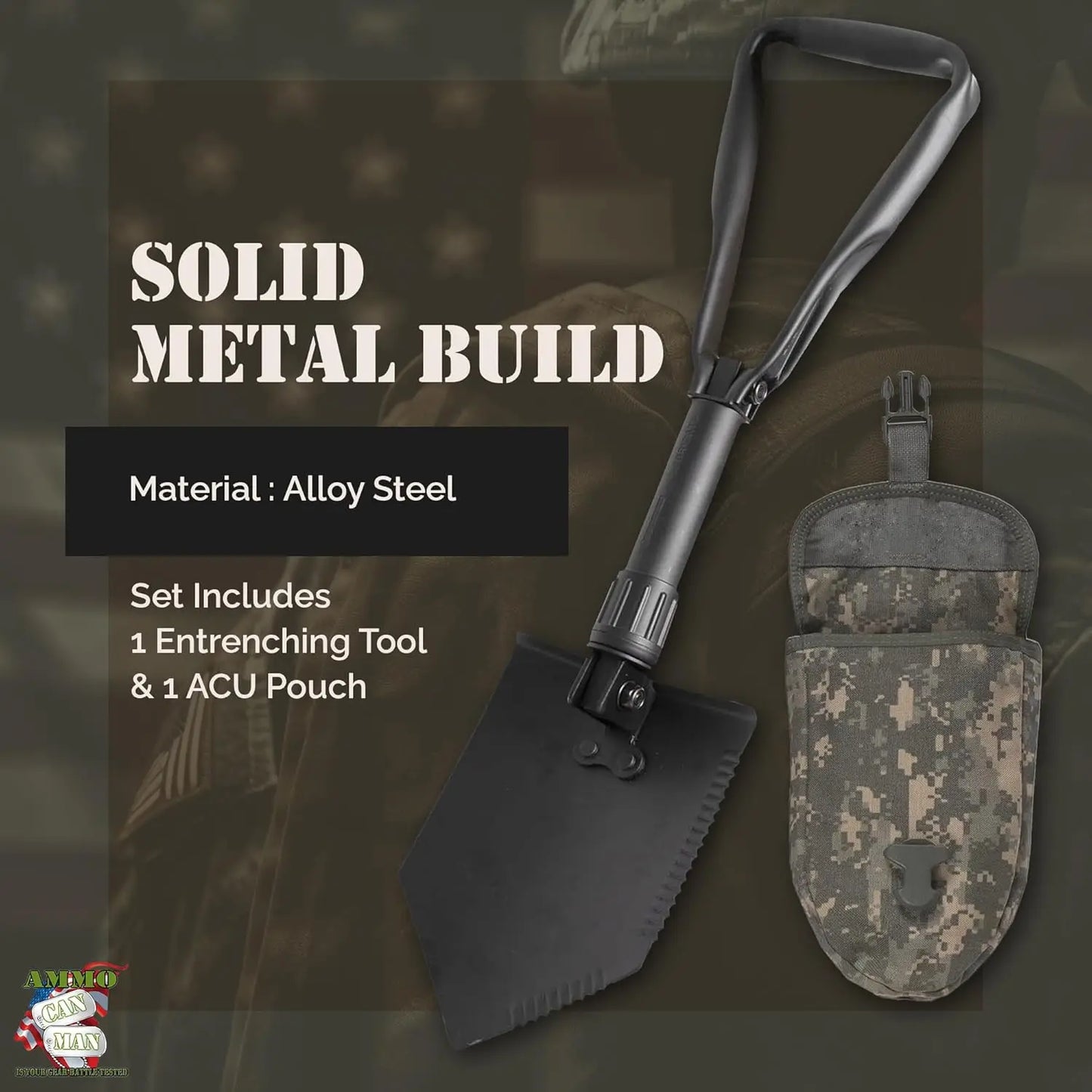 Military-grade folding entrenching tool 2-piece set, portable multi-functional survival shovel for camping