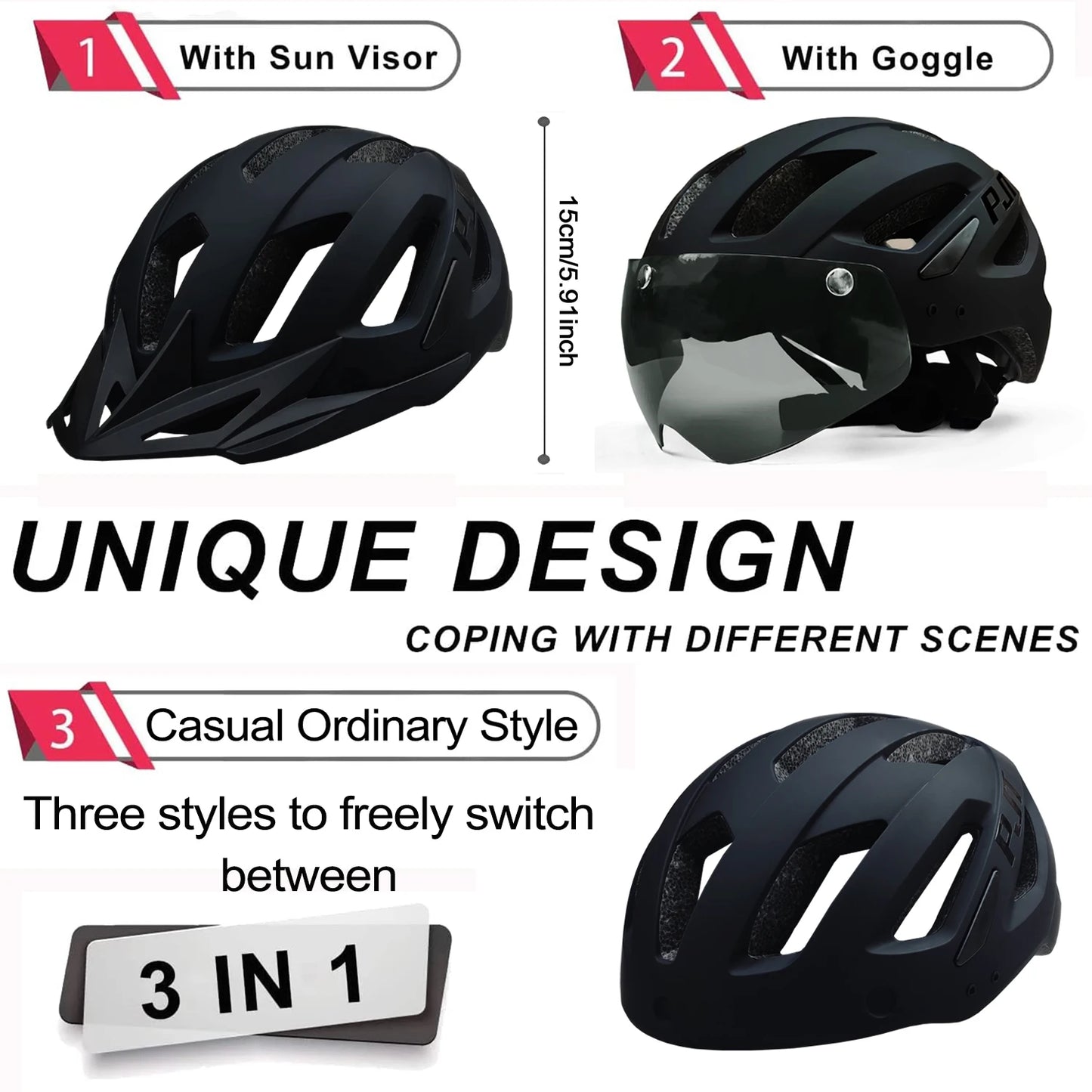 PJT New LED Bike Helmet With Sun Goggle Visor Rechargeable LED Men Bicycle Helmet Sunglasses Shield Road MTB Cycling Helmets