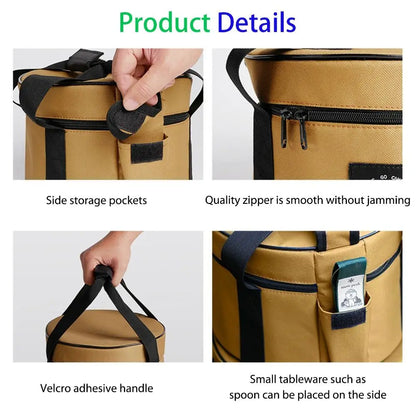 Professional Oxford Cloth Picnic Bag Cylindrical Waterproof Dinnerware Organizer 9/14L Pot Storage Bucket BBQ