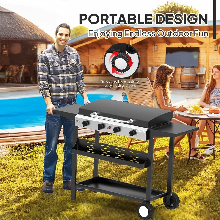 4 Burner Portable Propane Griddle with Enameled Tray Lid 40000 BTU Rolling Flat Top Gas Grill with Electronic Ignition Side She