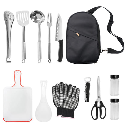 12Pcs Camp Cooking Utensil Set & Outdoor Kitchen Gear Cookware Kit, Portable Compact Carry Case for Camping, Hiking, Travel, BBQ
