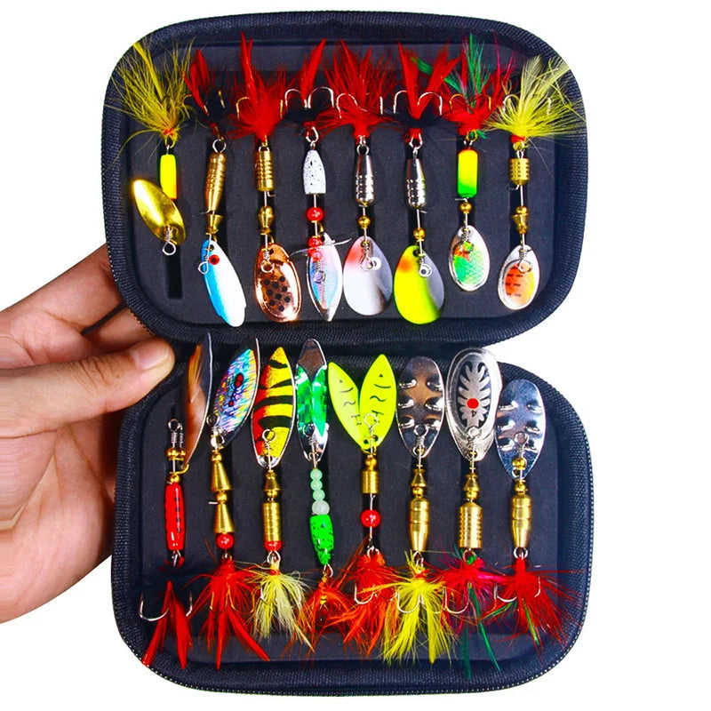 16PCS Fake Bait Spinner Lures Metal Bait Fishing Lure Spinnerbait Bass Trout Salmon Hard Metal Spinner Baits Kit With Tackle