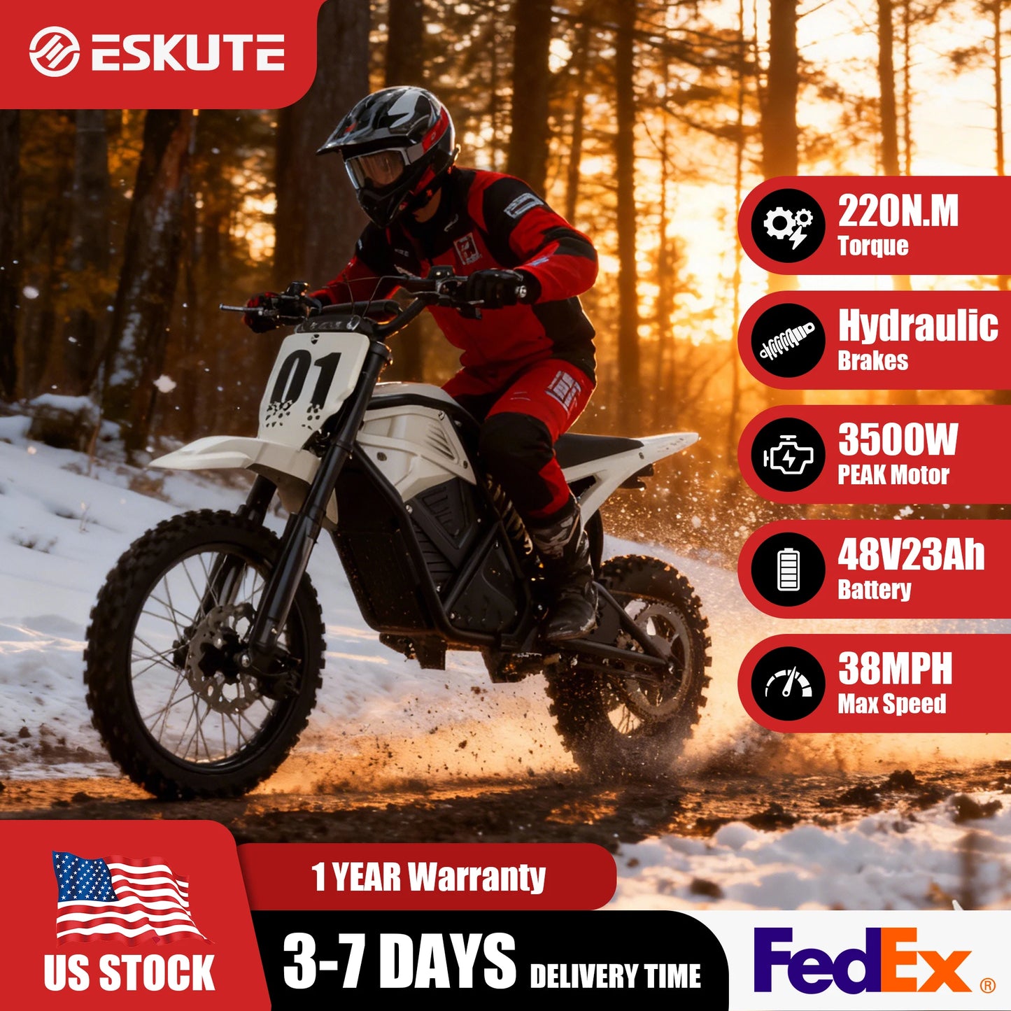 Eskute Electric Mini Dirt Bike for Teens & Adults, 14"/12" Fat Tire 3500W Electric Motorcycle, 48V23AH Battery Ebike 38MPH