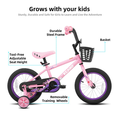 KEANO 14 16 20 Inch Kids Bike for Girls Ages 3-10 Years, Girls' Bikes with Training Wheels, Chain guard, Basket, Children's Bike